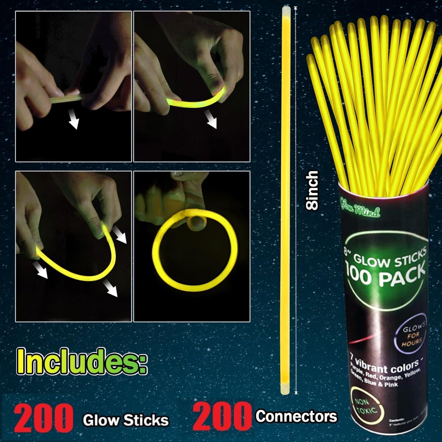 200 Pcs Red Glow Sticks Bracelet Necklaces Bulk Glow in The Dark Party Supplies 8” Light Up Stick with Connectors for Christmas Valentine's Day Easter 4th of July Party Favors Birthday Carnival