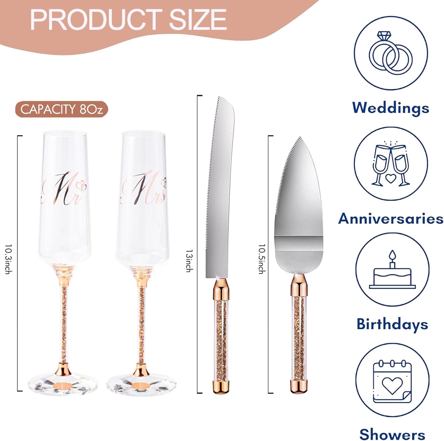 Wedding Cake Knife and Server Set, Mr and Champagne Flutes with Wedding Cake Cutting Set for Bride and Groom Toasting (Clear)
