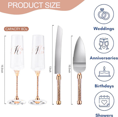 Wedding Cake Knife and Server Set, Mr and Champagne Flutes with Wedding Cake Cutting Set for Bride and Groom Toasting (Clear)