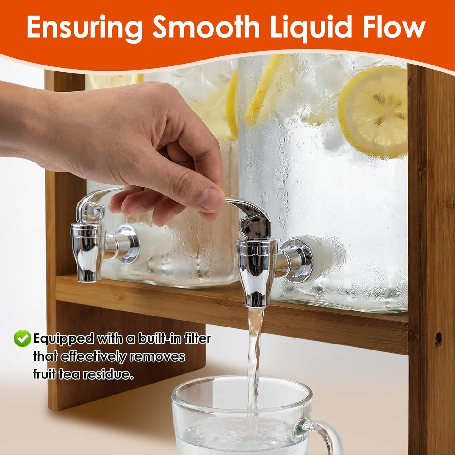 2 PCS 1.2 Gallon Drink Dispenser, Glass Beverage Dispenser with Wood Stand and Detachable Food Platter, Party Drink Dispensers for Lemonade, Juice, Tea, Ice Coffee