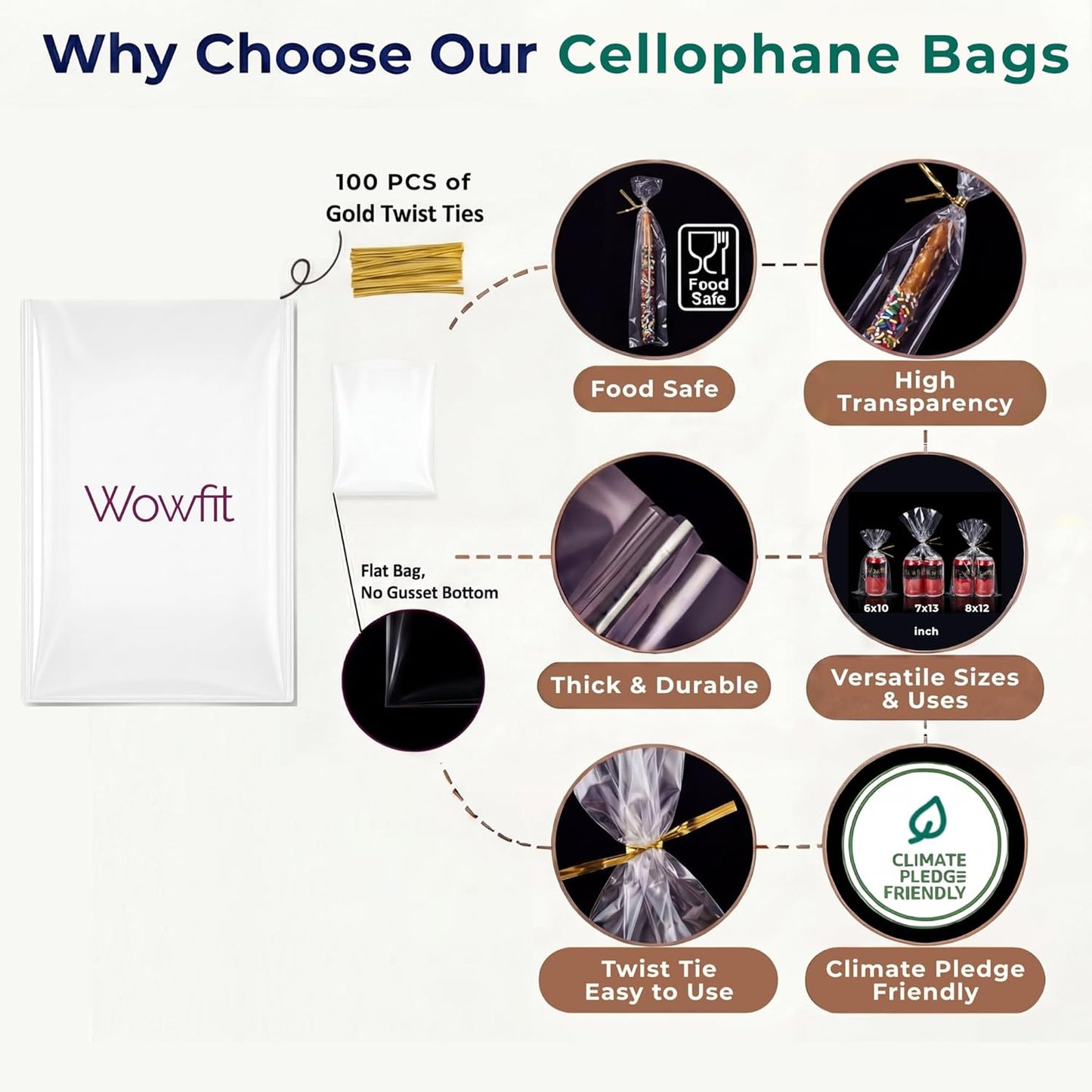 Wowfit 100 CT 6x10 Inch Clear Flat Cellophane Treat Bags with 6” Gold Twist Ties, Cello Packaging for Gift Wrapping, Decorations, and Food Storage