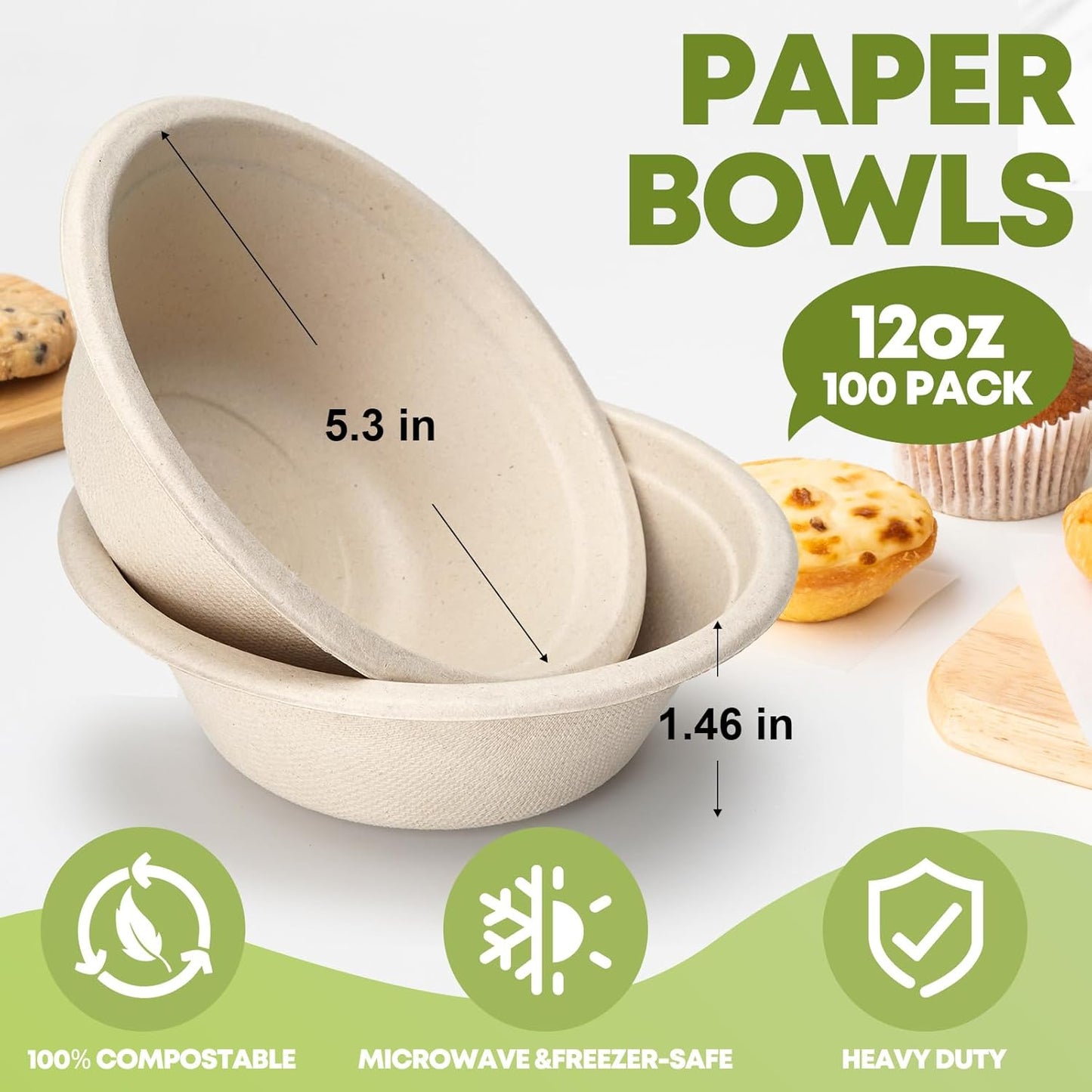 W&Y 12 oz Paper Bowls, 100-Count Disposable Compostable Bowls, Microwave Safe & Heavy Duty, Biodegradable Sugarcane Fiber Bowl for Hot Soup, Salad, Snacks, and Party Use