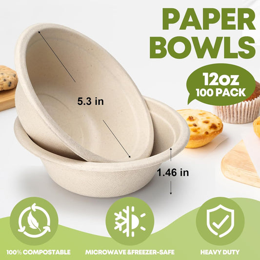 W&Y 12 oz Paper Bowls, 100-Count Disposable Compostable Bowls, Microwave Safe & Heavy Duty, Biodegradable Sugarcane Fiber Bowl for Hot Soup, Salad, Snacks, and Party Use
