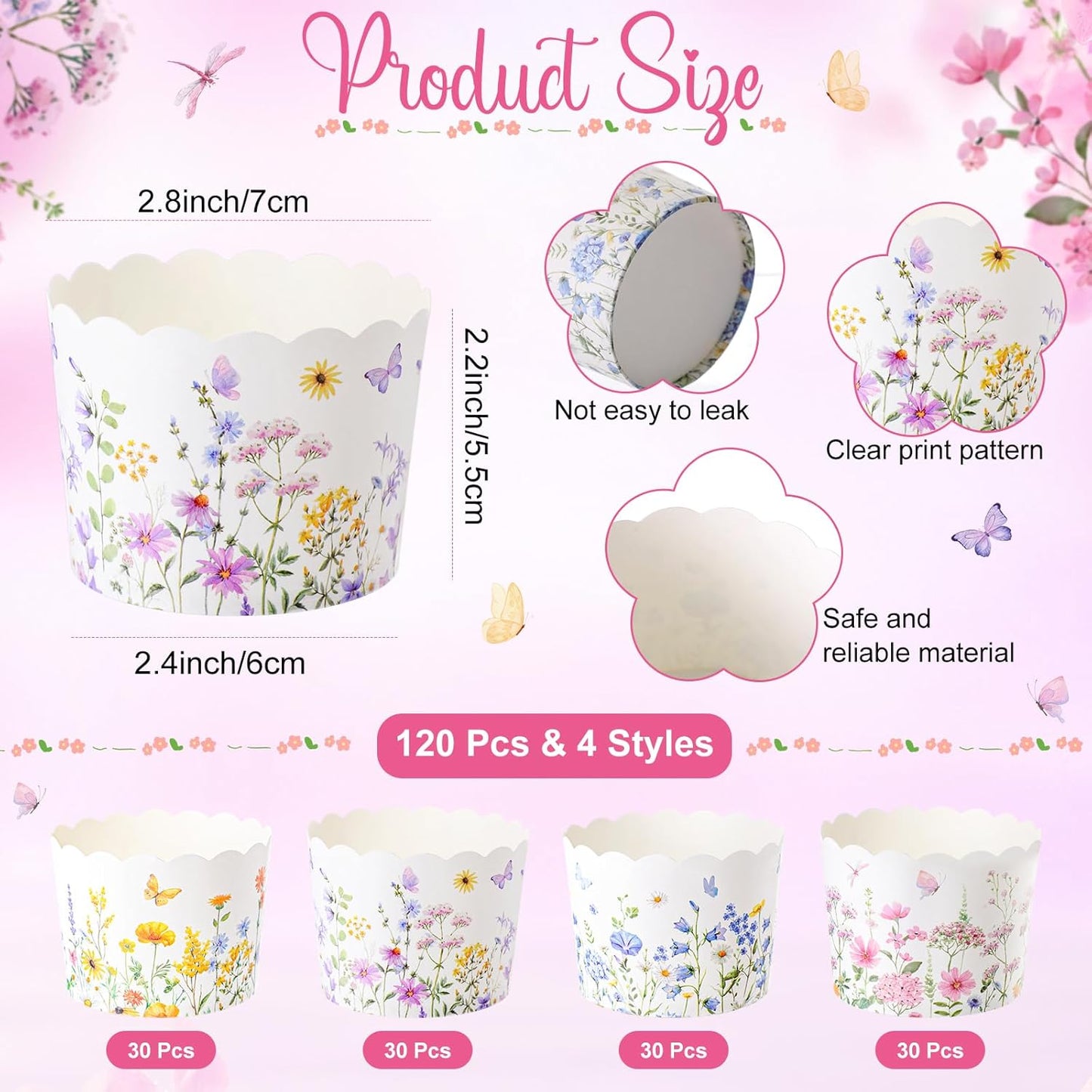 Qinyoung 120 Pcs Wildflower Cupcake Liner 4 Design Flower Paper Muffin Liner Scalloped Disposable Floral Baking Cup, Tea Party Baby/Bridal Shower Decoration for Spring Wedding Birthday Party Supplies