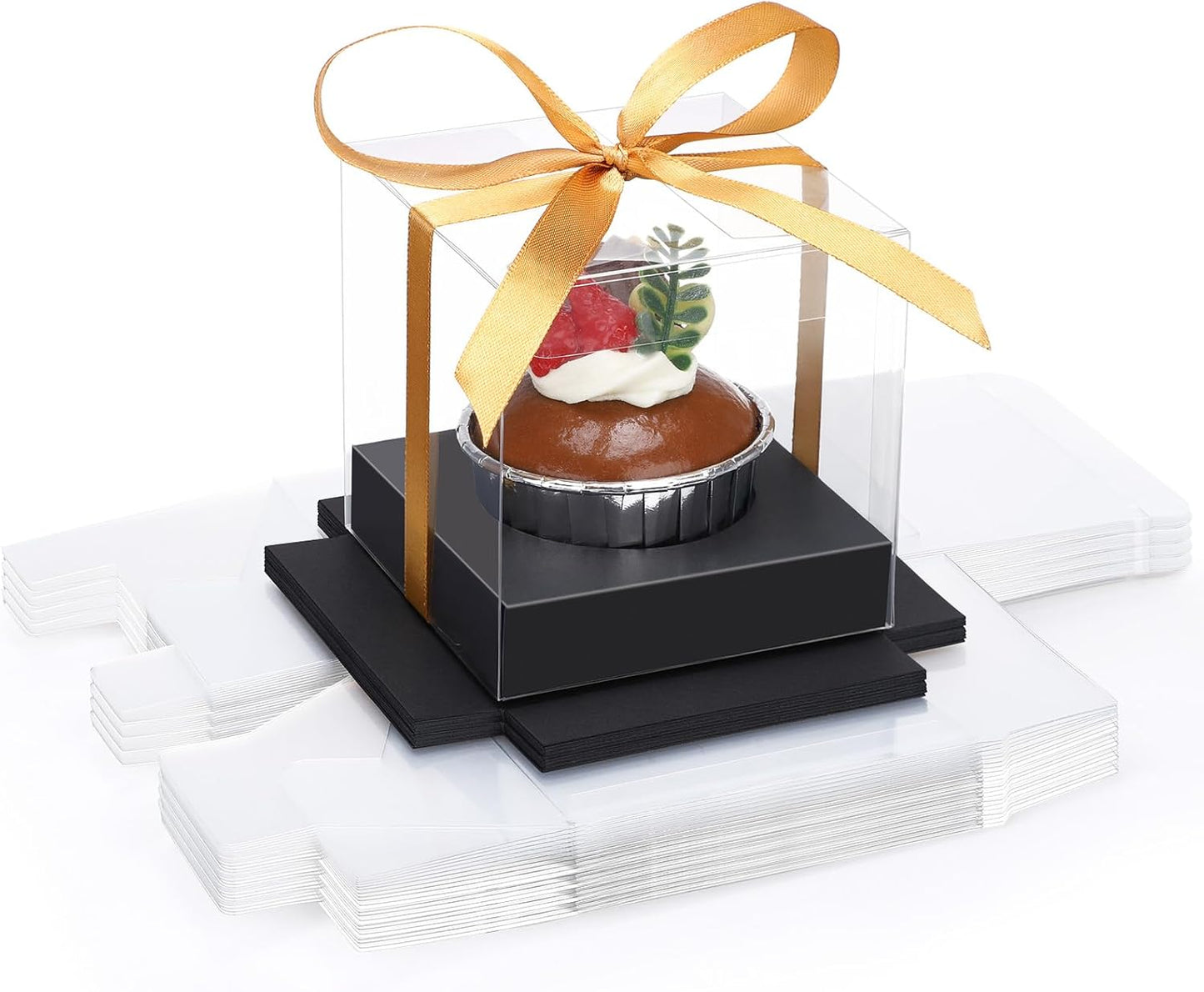 EUSOAR Individual Cupcake Holder, 50pcs 3.5 Inch Plastic Black Cupcake Containers with Lids, Single Transparent Display Clear Cupcake Carrier with Ribbon and Inserts for Wedding Party Favor