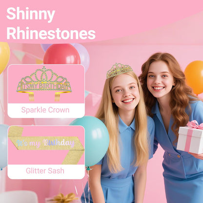 Birthday Tiara and Crown with Sash, Birthday Tiara for Women Party Silver