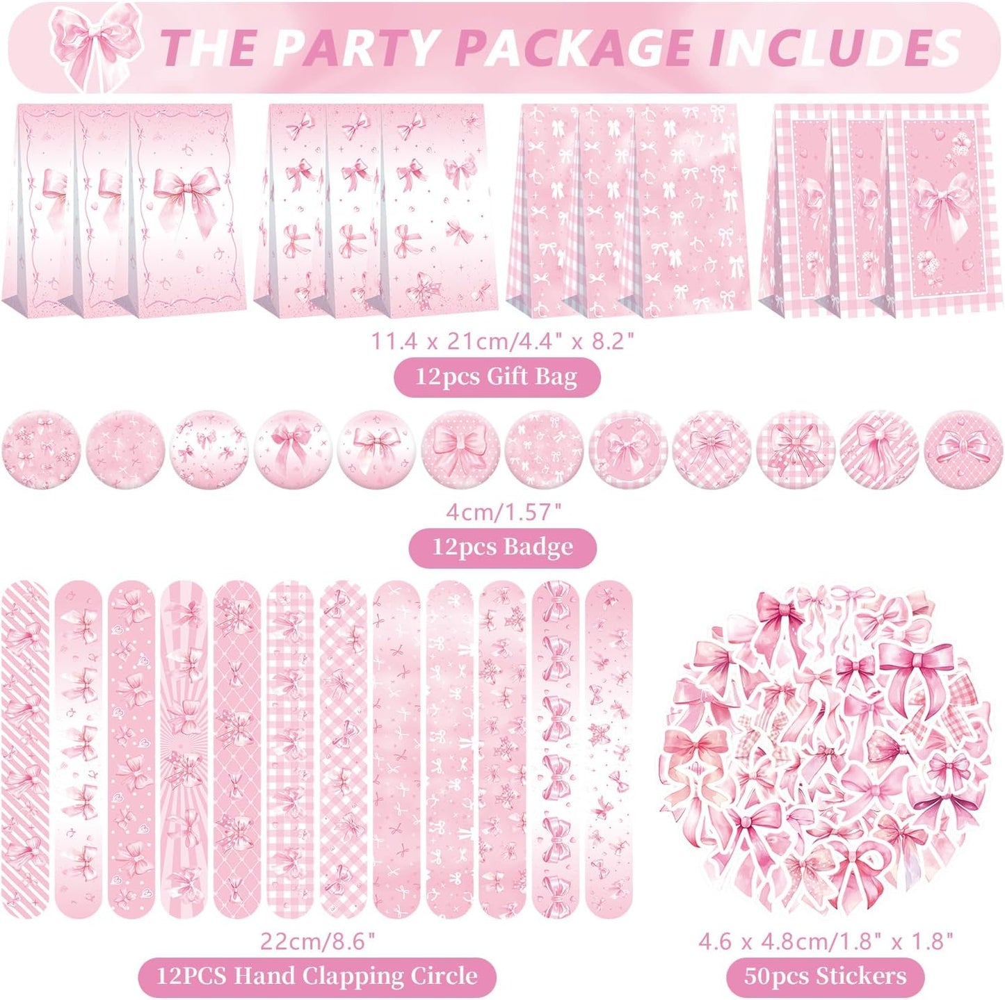122PCS Pink Bow Party Favors - 50 Stickers, 12 Keychain, 12 Button Badges, 12 Mini Notepads, 12 Slap Bracelets, 12 Rubber Bracelets, 12 Goodie Bags for Girls for Coquette Birthday Decorations