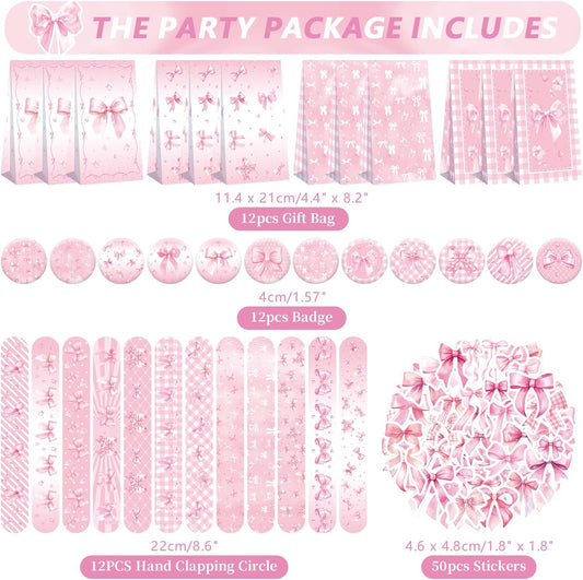 122PCS Pink Bow Party Favors - 50 Stickers, 12 Keychain, 12 Button Badges, 12 Mini Notepads, 12 Slap Bracelets, 12 Rubber Bracelets, 12 Goodie Bags for Girls for Coquette Birthday Decorations