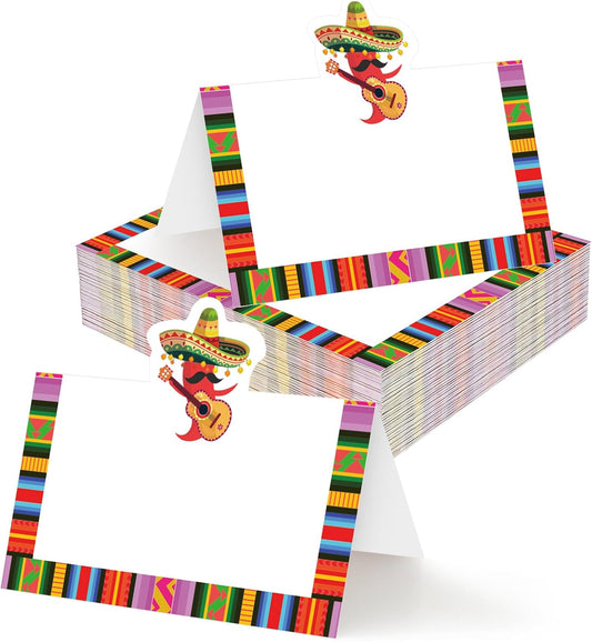 50 Pcs Mexican Fiesta Place Cards for Table Setting, Colorful Serape Name Cards with Chili Sombrero Design, Taco Bar Food Labels for Cinco de Mayo, Birthday, Baby Shower Party Decorations