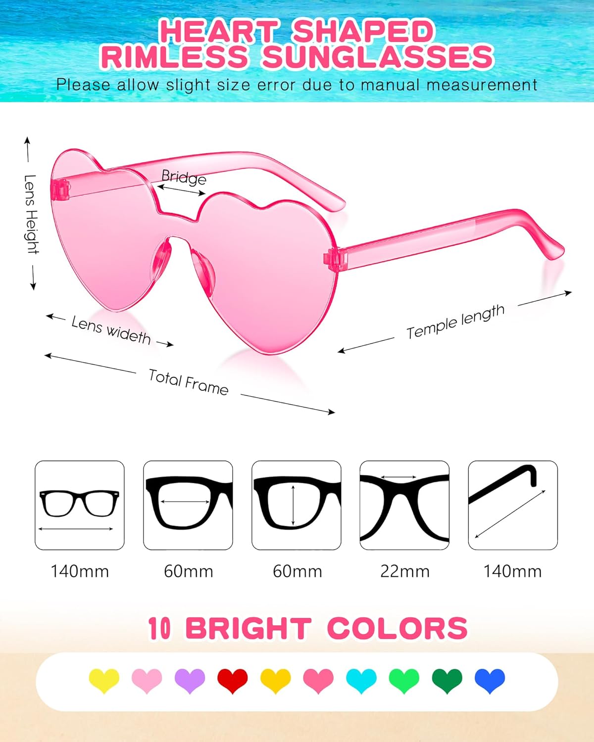 Frienda 20 Pairs Heart Shaped Sunglasses Rimless Candy Color Glasses for Women Men Party Favor