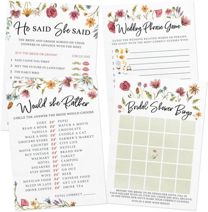 Printed Party Bridal Shower Game Set – 4 Fun Games and Activities for 30 Guests, Includes Bingo, He Said She Said, Bride & Groom Trivia, and Wedding Phrase Guessing Game, Love In Bloom Wildflower Design
