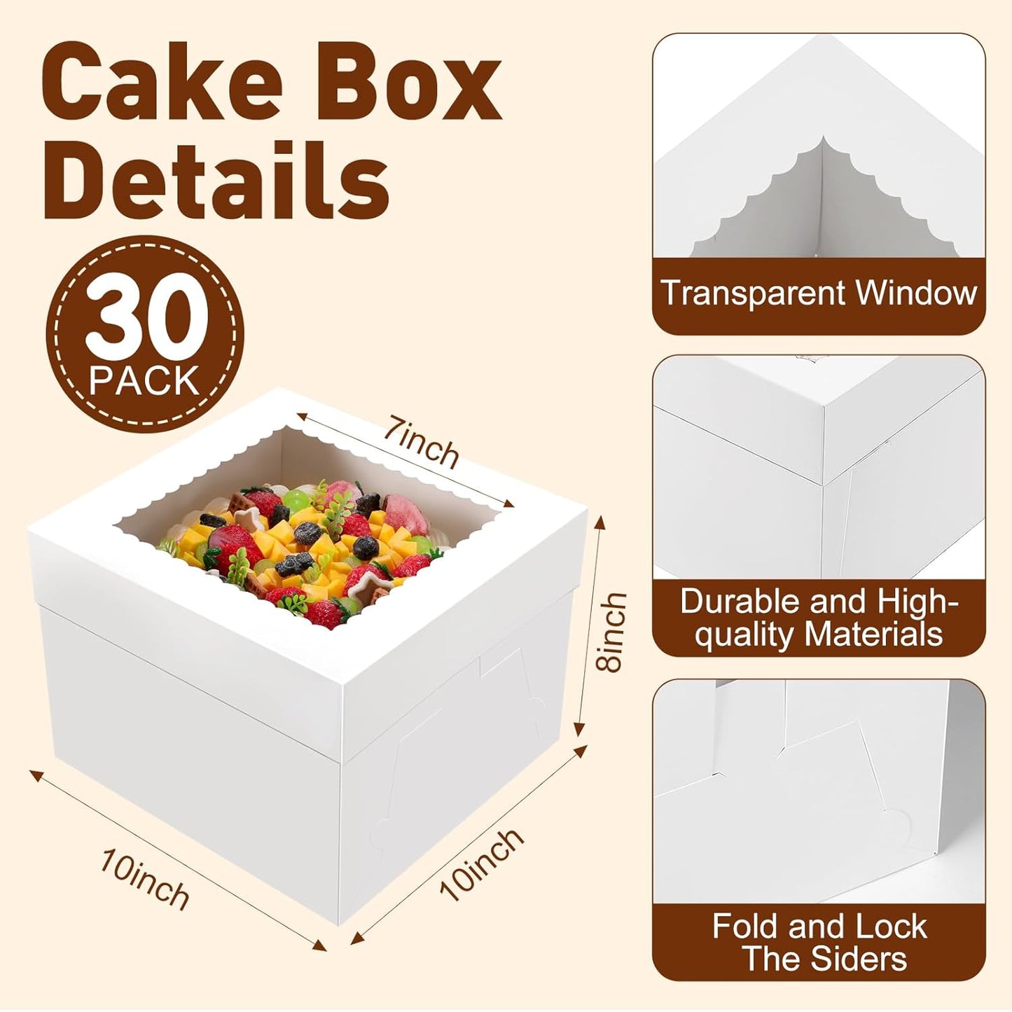 NEOACT 30 Pcs Cake Boxes, 12x12x8 Inch White Bakery Boxes with Window Cake Containers 12 Inch large Cake box for Birthday Party, Wedding,Tall Dessert Cardboard Boxes