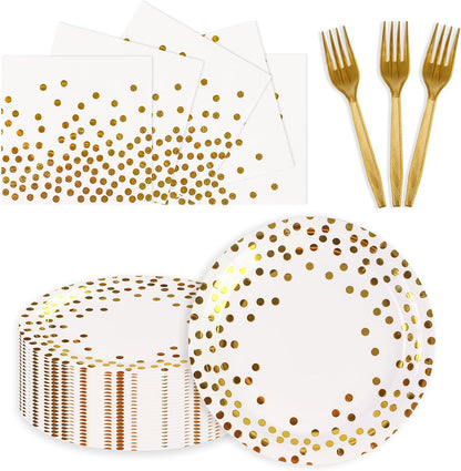 75PCS Paper Plates and Napkins Set - White and Gold Dot Disposable Party Dinnerware Includes Paper Plates, Napkins, Forks Decorations for 2026 New Year, Birthday, Wedding and Holiday, Serves 25