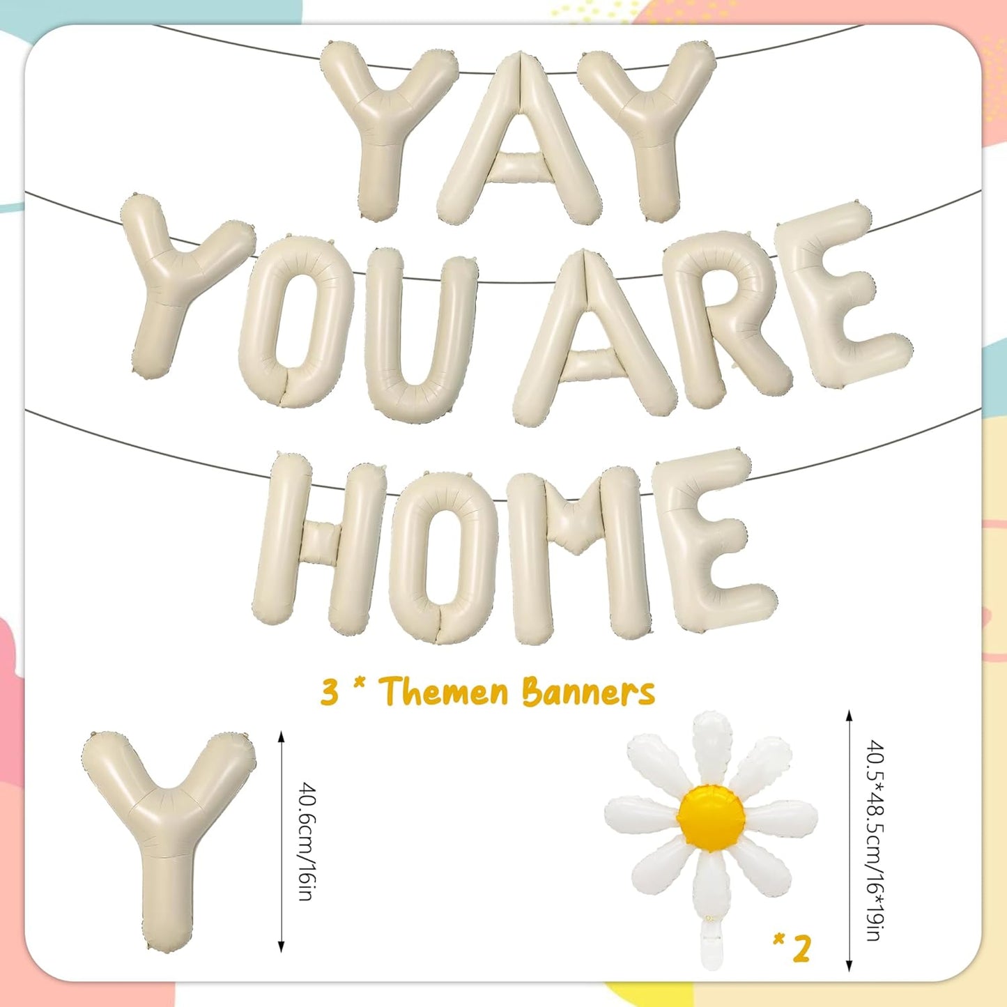 Welcome Home Banner Decorations Balloons - 3 Pcs Beige Pre-Strung Yay Youre Home Foil Letter Balloon Banner Decoration for Baby Welcome Back Housewarming Family Reunion Party Decor