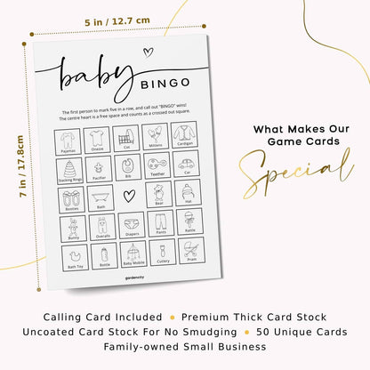 GardenCity Baby Shower Bingo Game, 50 Unique Pre-Filled Cards, Baby Shower Games for Boy or Girl, Minimalist