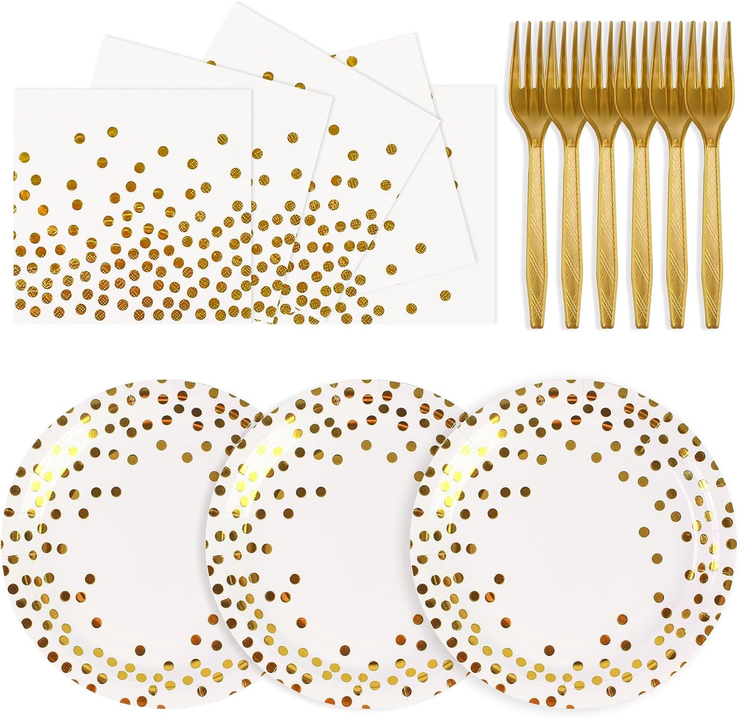 75PCS Paper Plates and Napkins Set - White and Gold Dot Disposable Party Dinnerware Includes Paper Plates, Napkins, Forks Decorations for 2026 New Year, Birthday, Wedding and Holiday, Serves 25