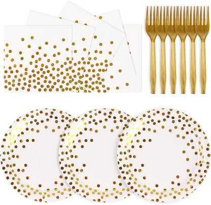75PCS Paper Plates and Napkins Set - White and Gold Dot Disposable Party Dinnerware Includes Paper Plates, Napkins, Forks Decorations for 2026 New Year, Birthday, Wedding and Holiday, Serves 25