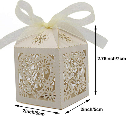 KPOSIYA 100 Pack Love Heart Laser Cut Wedding Party Favor Box Candy Bag Chocolate Gift Boxes Bridal Birthday Shower Bomboniere with Ribbons