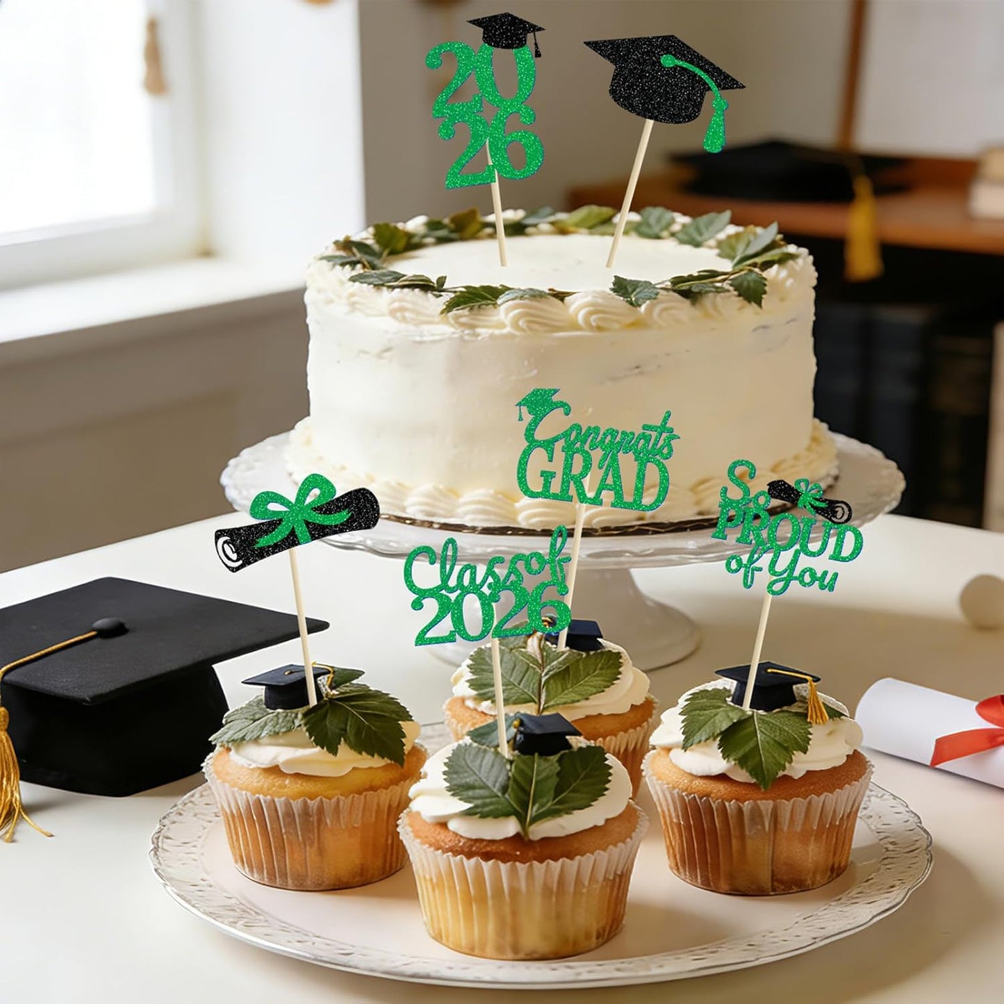 24 Pcs Graduation Cupcake Toppers 2026 - Congrats Grad Decorations Class of 2026, Pre-Assembled Black Gold Grad Cake Topper Centerpieces for Graduation Party Decoration Supplies Table Decor, 6 Styles