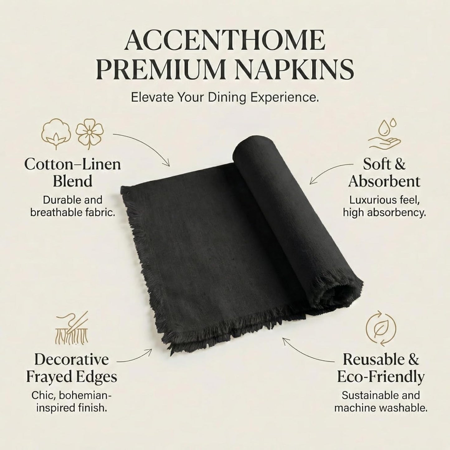 ACCENTHOME Natural Cotton Linen Napkin Set of 12 18x18 inch Dinner Napkins - Washable Soft Premium Hotel Quality Reusable Hemmed Edges Napkins Perfect Table Linens for Family Dinners, Weddings