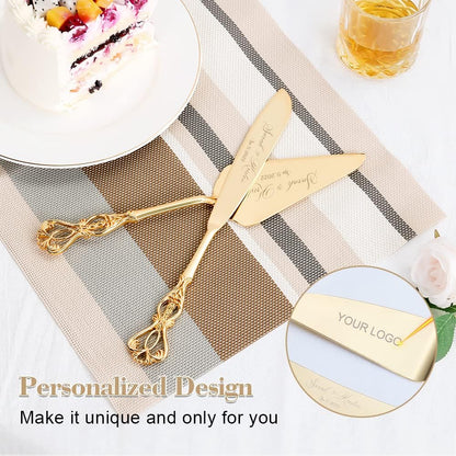 Wedding Cake Knife and Server Set, Personalized Gold Cake Cutting Set for Wedding, Engraved Classic Cake Knives Cutter Set, Pie Server, Birthday Bridal Quinceañera Gift (CUS-Flower)