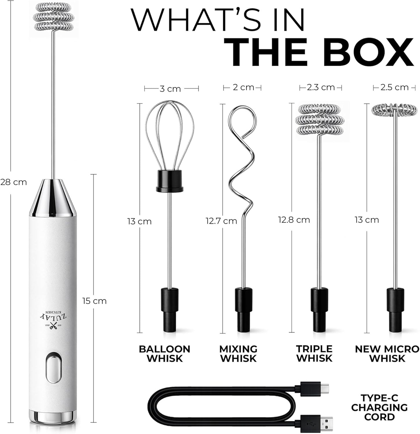 Zulay Kitchen Powerful Milk Frother Wand With Duracell Batteries - Ultra Fast Handheld Drink Mixer - Electric Whisk Foam Maker for Coffee, Lattes, Cappuccino & Matcha - Z1 Motor - Black - Colors A