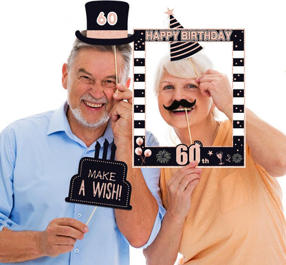 32pcs 60th Birthday Photo Booth Props for Men Women, 60 Birthday Selfie Props Kit, Classic Black Gold Happy 60th Birthday Party Supplies, Cheers to 60 Years Old Bday Decor