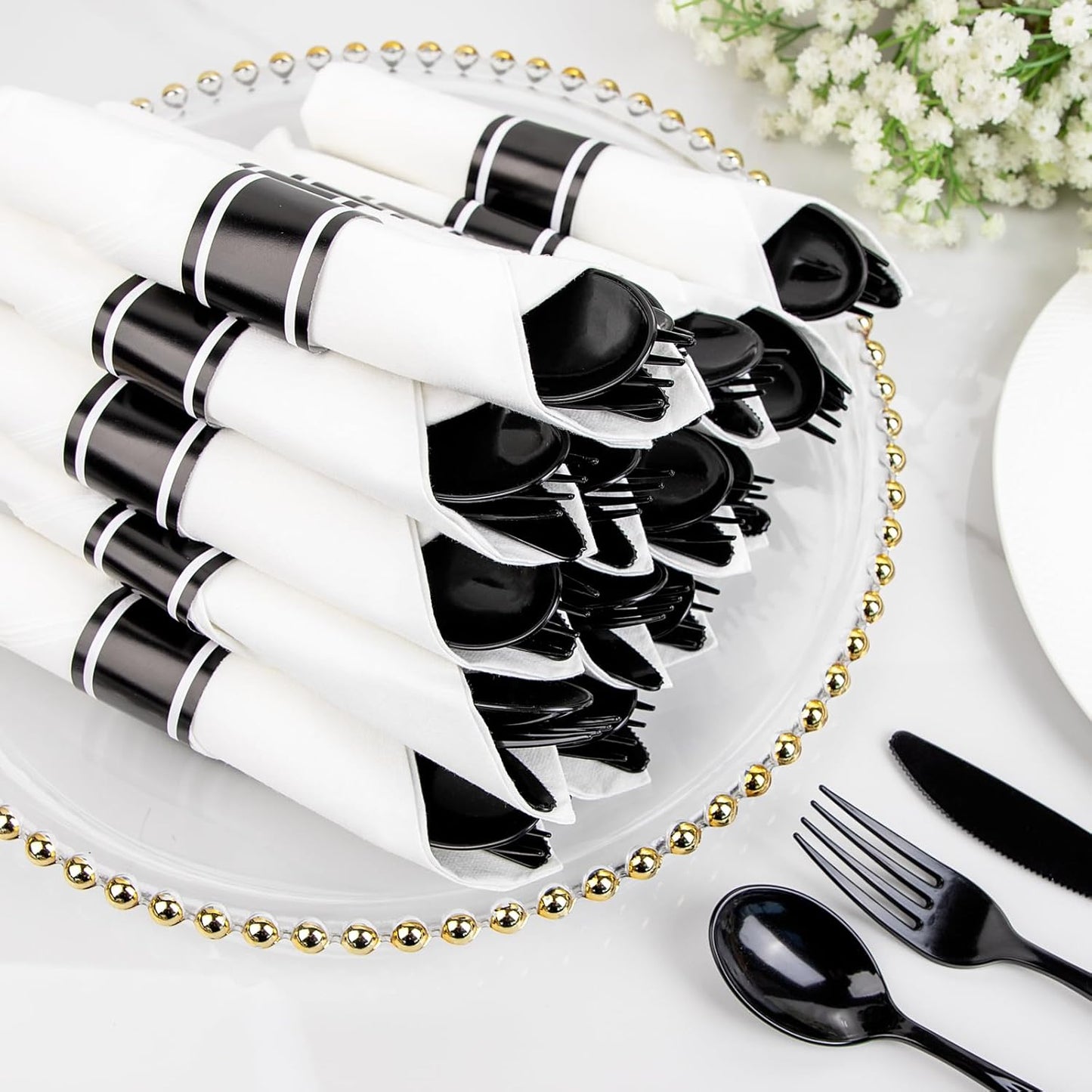 Supernal 240 Silver Plastic Silverware Set - 60 Sets Pre Rolled Napkins with Cutlery - Mirror Polished Real Look Disposable Silver Utensils- Elegant Heavy Duty Flatware for Weddings & Catering