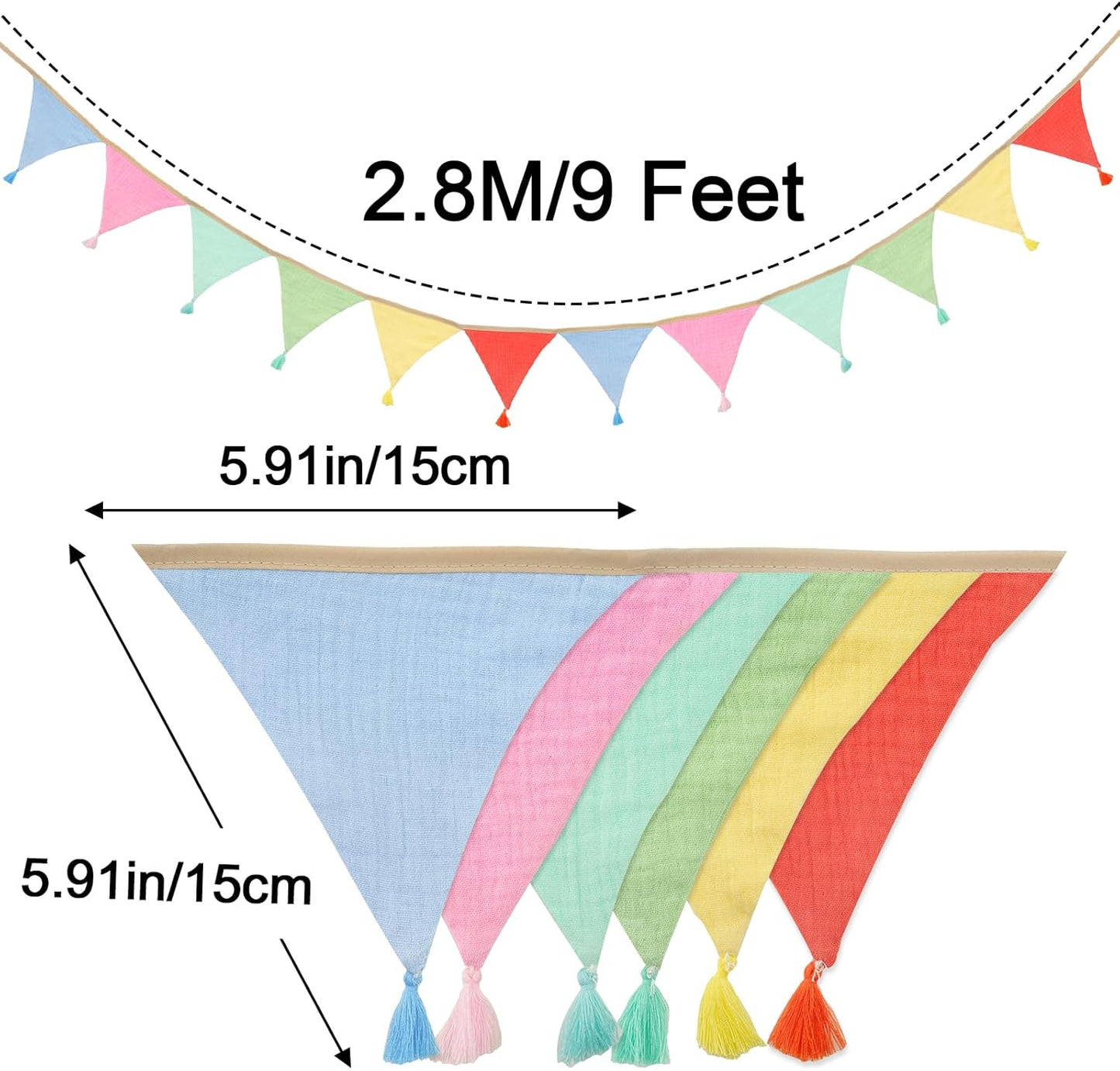G2PLUS Cotton Fabric Bunting Banner, 9Ft Green Triangle Pennant Banner Flag, 12pcs Double-Sided Bunting Garland with Tassels for Birthday, Nursery, Baby Shower, Classroom Hanging Decor