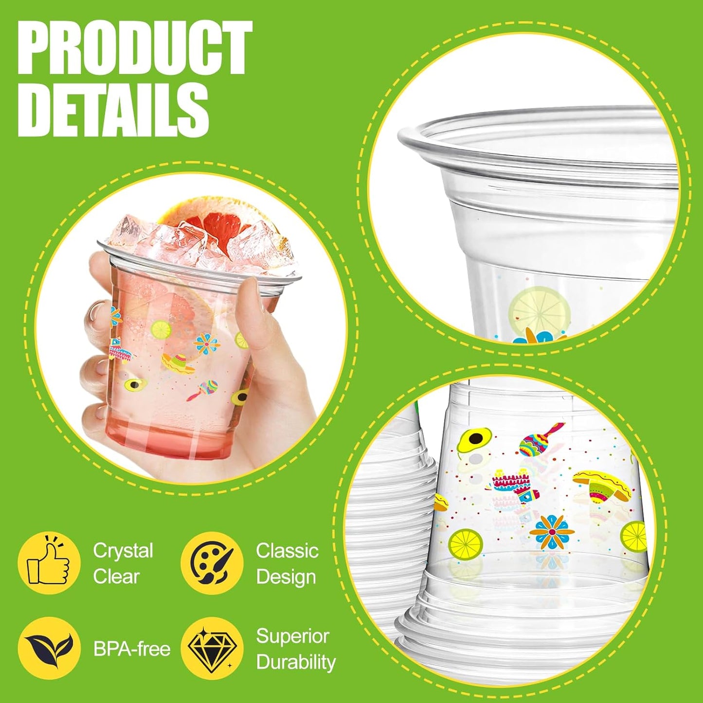 50 Pack Mexican Fiesta Cups 14 oz Clear Plastic Disposable Mug Bulk Cinco De Mayo Party Supplies for Fiesta Taco Birthday Party Decorations