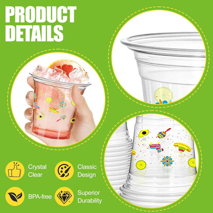 50 Pack Mexican Fiesta Cups 14 oz Clear Plastic Disposable Mug Bulk Cinco De Mayo Party Supplies for Fiesta Taco Birthday Party Decorations