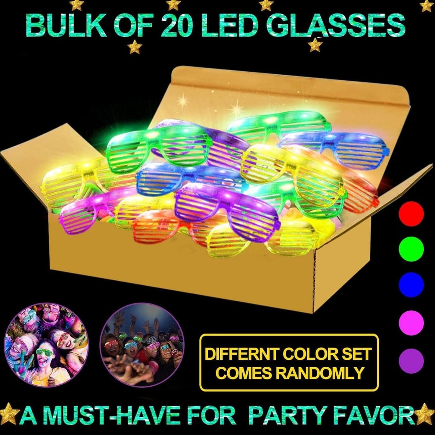 TURNMEON 20 Pack LED Glasses Party Favors, 6 Colors Light Up Glasses Glow In The Dark Party Supplies Shutter Shades Glow Sticks Glasses Neon Party Birthday Wedding Concerts Pool Patriotic