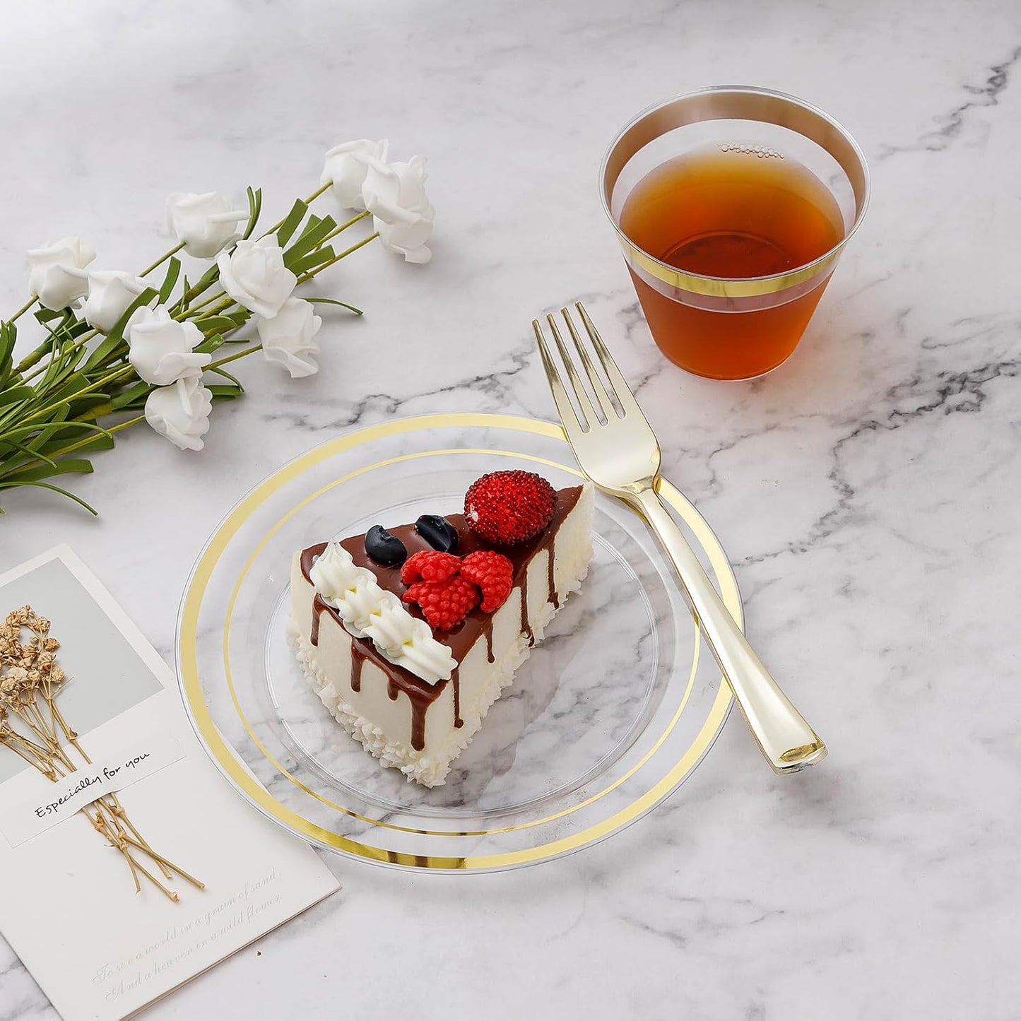 BESTVIP 200PCS Gold Plastic Plate, Disposable Party Plates with 100 Dinner Plates and 100 Dessert Plates, Plastic Plates for Party, Wedding and Birthday