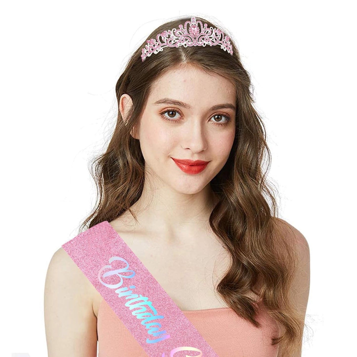 CIEHER Birthday Girl Crown and Sash - Rose Gold Tiara Birthday Decorations for Women and Girls