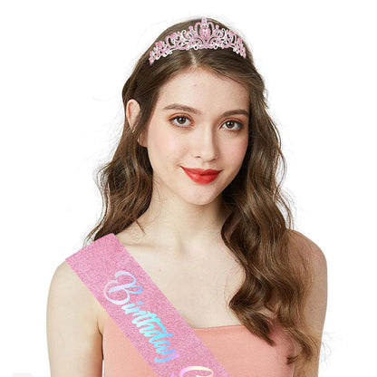 CIEHER Birthday Girl Crown and Sash - Rose Gold Tiara Birthday Decorations for Women and Girls