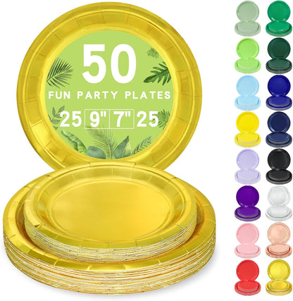 LANLISA 50 Pcs Pink Paper Plates Disposable, 25-9" & 25-7" Disposable Birthday Cake Dessert Plates For Valentines Day, Baby Shower, Easter Party, Mothers Day Party Supplies