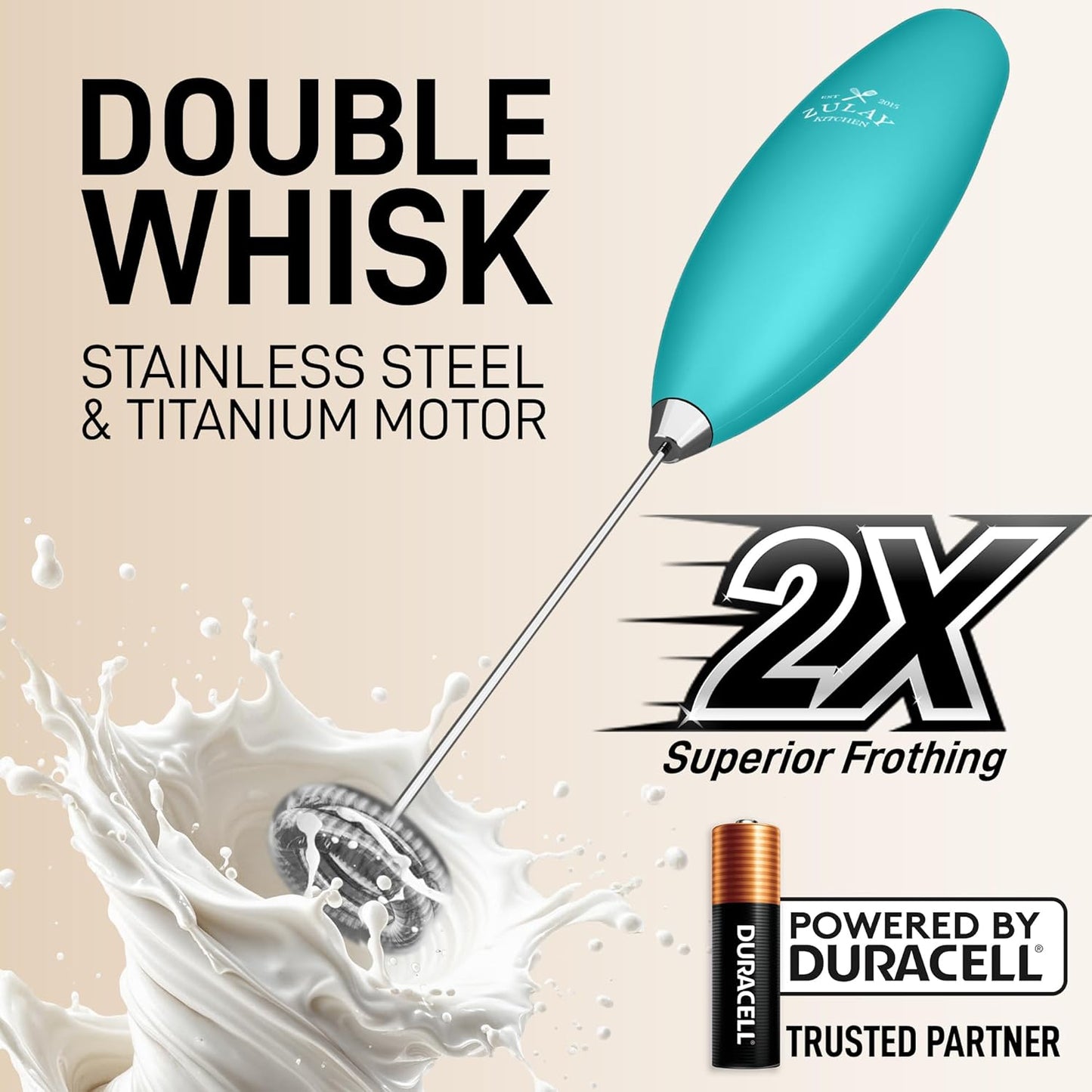 Zulay Kitchen Powerful Milk Frother Wand With Duracell Batteries - Ultra Fast Handheld Drink Mixer - Electric Whisk Foam Maker for Coffee, Lattes, Cappuccino & Matcha - Z1 Motor - Black - Colors B
