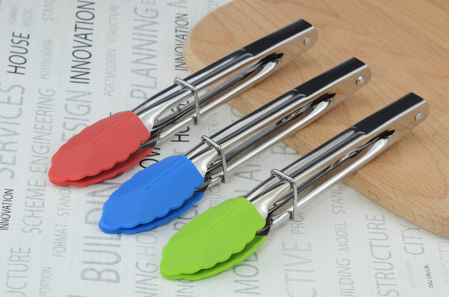 HINMAY Small Tongs with Silicone Tips 7-Inch Mini Serving Tongs, Set of 6 (Green Red Blue Purple Pink Orange)