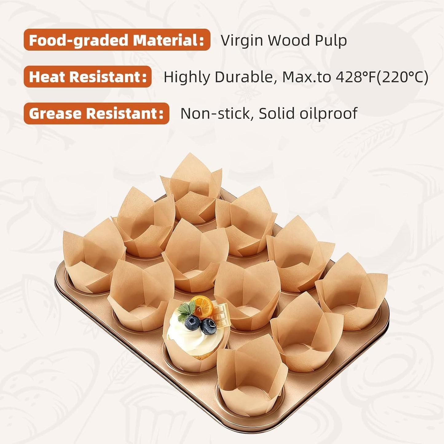 200pcs Tulip Cupcake Liners, Premium Muffin Liners Holders for Baking Cups, Greaseproof Cupcake Wrappers in Standard Size, Classic Parchment Paper Cupcakes Liner for Party, Christmas by JIRNGLA