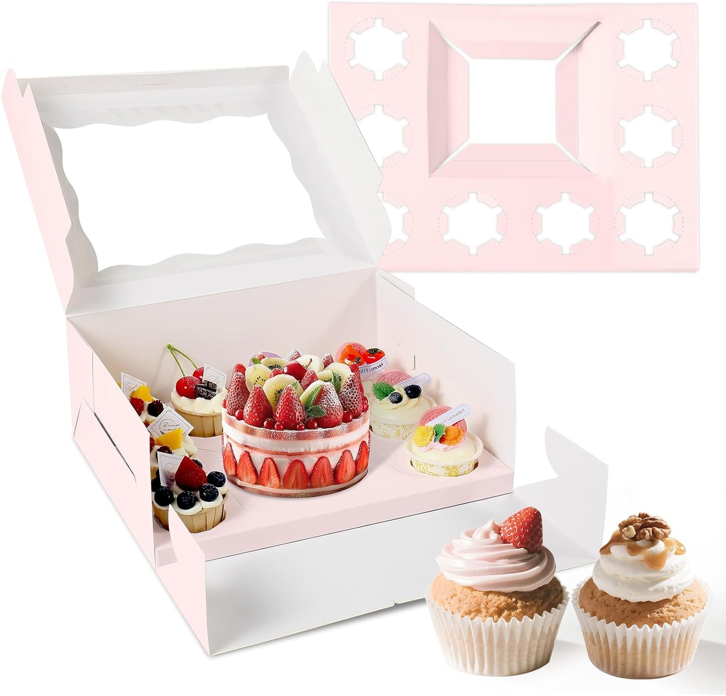 10 Packs Bento Cake and Cupcake Box 3 Holes Fit 2 Cupcakes and 1 Mini Cake Box with Clear Window and Stickers for Cake Cupcake Cookie or Easter and Mother’Day. (1+2/10pcs)