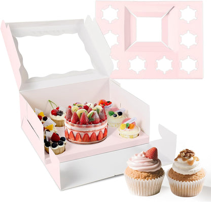 10 Packs Bento Cake and Cupcake Box 3 Holes Fit 2 Cupcakes and 1 Mini Cake Box with Clear Window and Stickers for Cake Cupcake Cookie or Easter and Mother’Day. (1+2/10pcs)