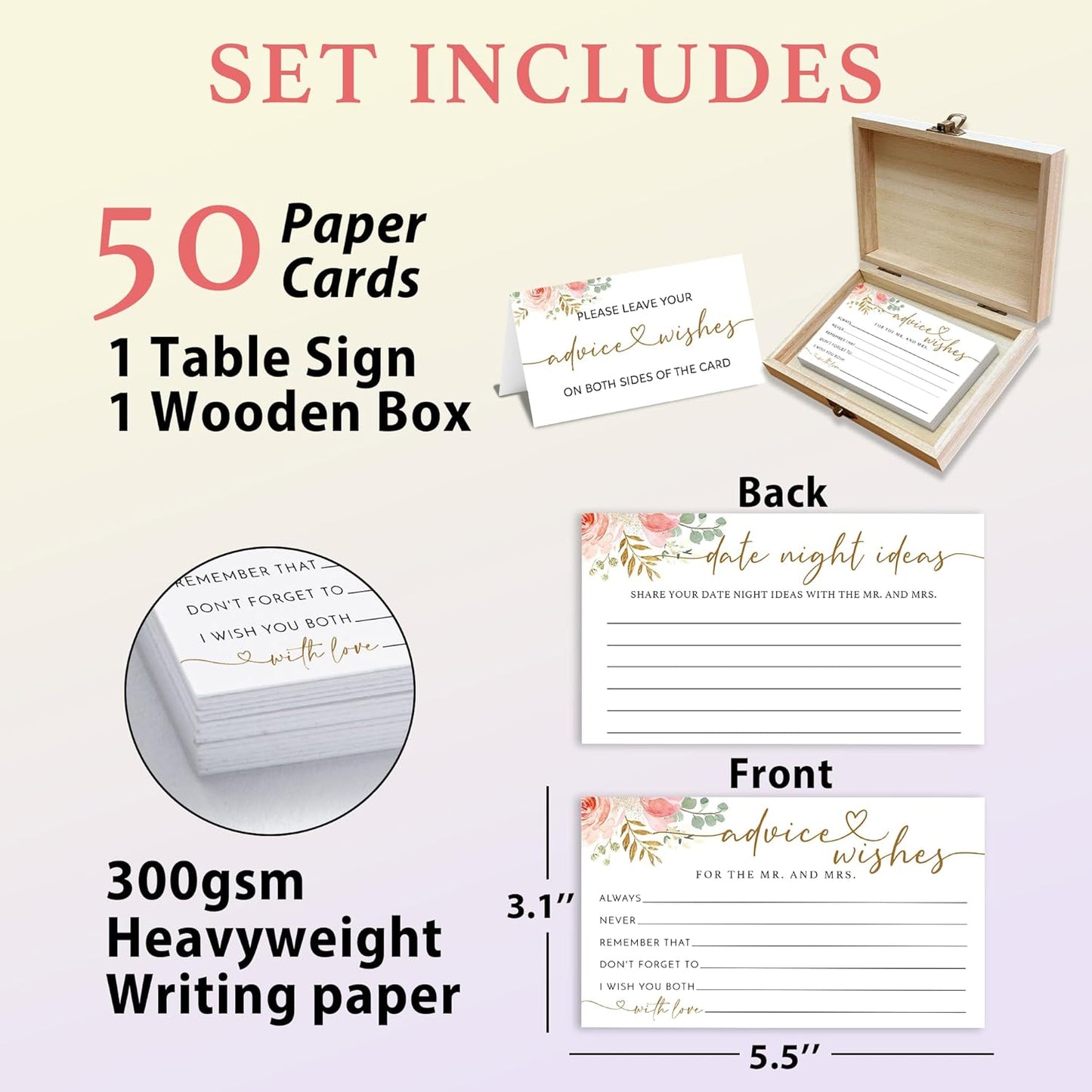 Boho Advice and Wishes for the Mr and Mrs - 50 Packs Wedding Advice Cards Bridal Shower Game Cards with Box Reception Guest Book for Bride Groom Newlywed Engagement Party Decoration -A08