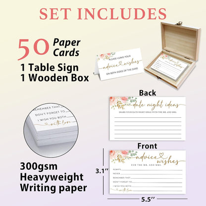 Boho Advice and Wishes for the Mr and Mrs - 50 Packs Wedding Advice Cards Bridal Shower Game Cards with Box Reception Guest Book for Bride Groom Newlywed Engagement Party Decoration -A08