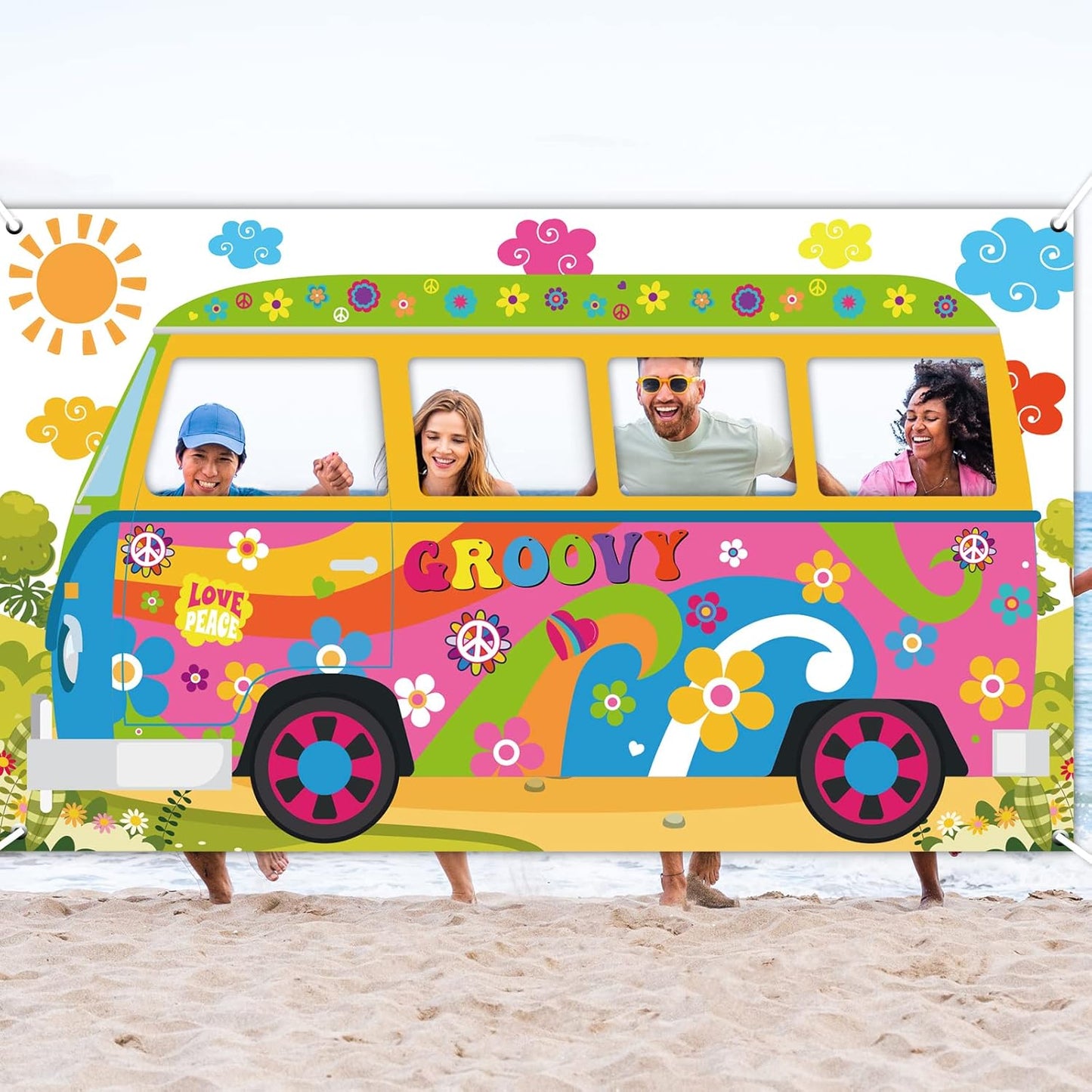 Hippie Bus Photo Prop Groovy Birthday Party Decorations Large Fabric Groovy Van Prop Hippie Selfie Frame Backdrop Background Banner Birthday Supplies Retro Daisy 60s 70s Party Favors 65.8 x 35.4 Inch