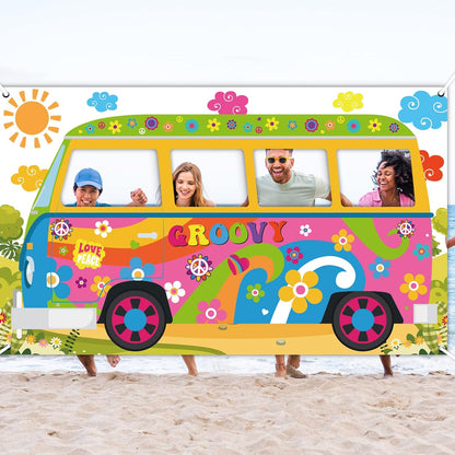 Hippie Bus Photo Prop Groovy Birthday Party Decorations Large Fabric Groovy Van Prop Hippie Selfie Frame Backdrop Background Banner Birthday Supplies Retro Daisy 60s 70s Party Favors 65.8 x 35.4 Inch