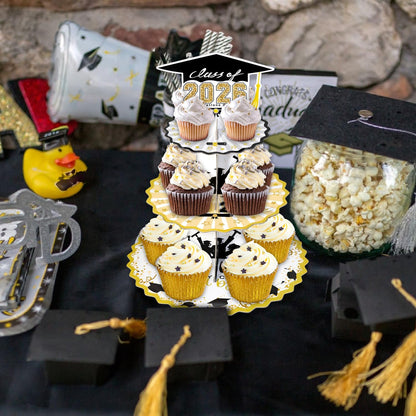 Set of 2 Graduation Cupcake Stand for 50 Cupcakes Black Gold Graduation Cap Decorations Cardboard Cake Dessert Holder Tower for Class of 2026 Congrats Grad Party Supplies