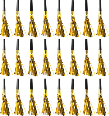 24 Pcs Gold Noise Makers Glitter Party Blowers, Noise Makers for Sporting Events Metallic Fringed Party Horns Birthday Wedding Gathering Baby Shower Graduation New Years Decorations 2026 Favor