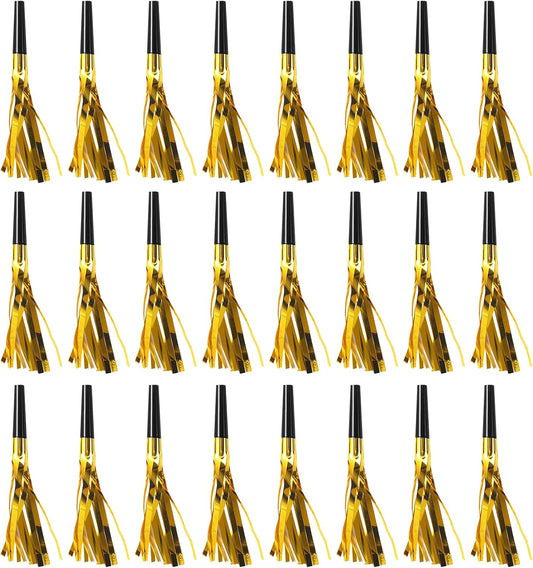 24 Pcs Gold Noise Makers Glitter Party Blowers, Noise Makers for Sporting Events Metallic Fringed Party Horns Birthday Wedding Gathering Baby Shower Graduation New Years Decorations 2026 Favor