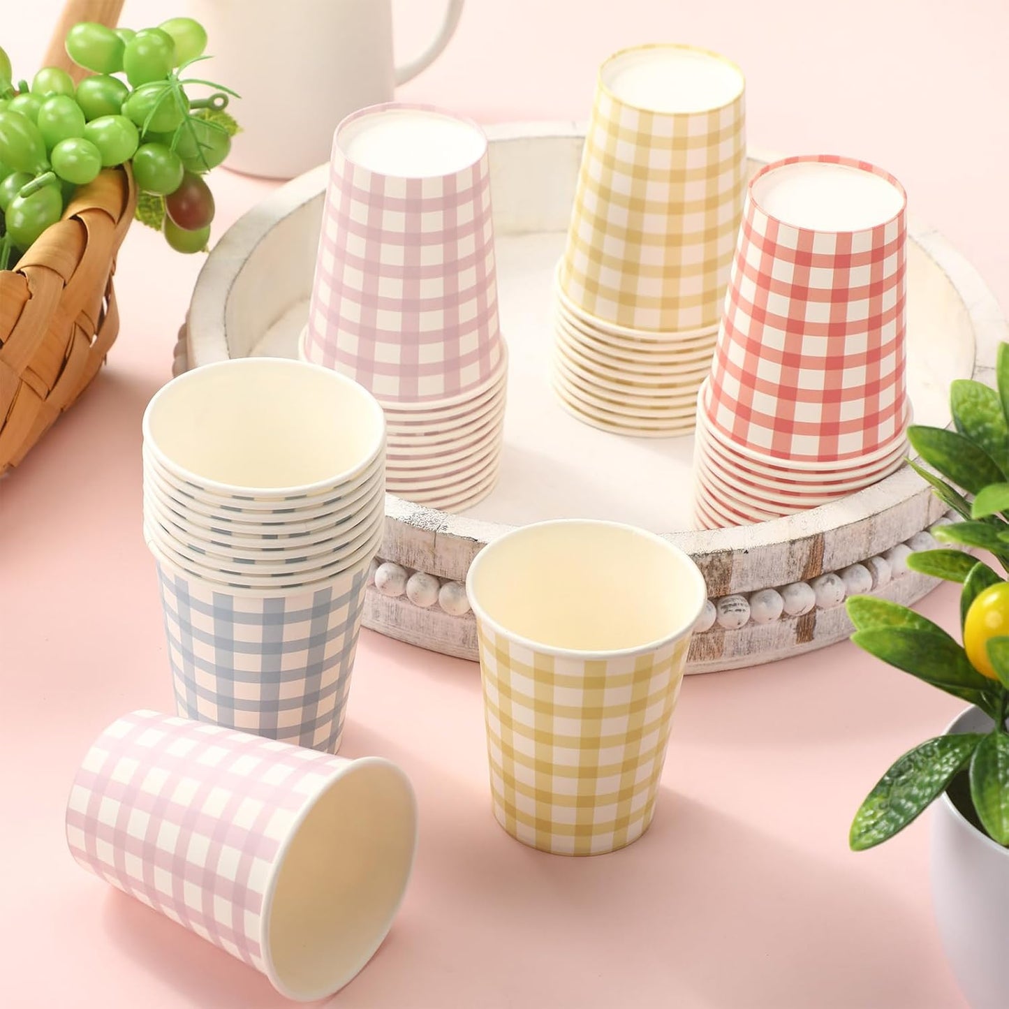 Tioncy 100 Pieces 9 oz Gingham Disposable Paper Cups Drinking Paper Cups Coffee Checkered Birthday Cup Gingham Hot Cold Beverage Drinking Cup for Holiday Picnic Travel Birthday Party, 4 Colors | Gingham, Checkered Cups, Birthday Party, Travel, Picnic