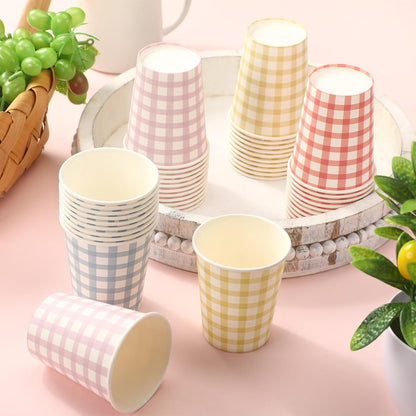 Tioncy 100 Pieces 9 oz Gingham Disposable Paper Cups Drinking Paper Cups Coffee Checkered Birthday Cup Gingham Hot Cold Beverage Drinking Cup for Holiday Picnic Travel Birthday Party, 4 Colors | Gingham, Checkered Cups, Birthday Party, Travel, Picnic